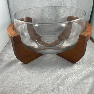 Vintage MCM Gailstyn-Sutton Glass Salad/Fruit Serving Bowl With Teak Base